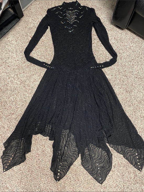 Vintage Dresses & Skirts - Vintage Black sheer lace long-Sleeve Austrian crystal studded leotard Dress